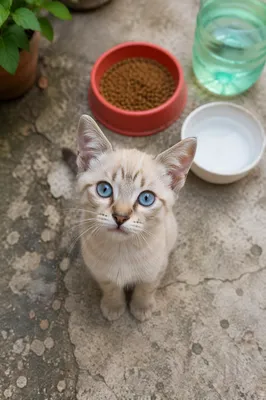 Curious Kitten by Food and Water Bowls
