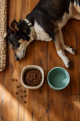 Peaceful Dog Beside Kibble and Water Bowls