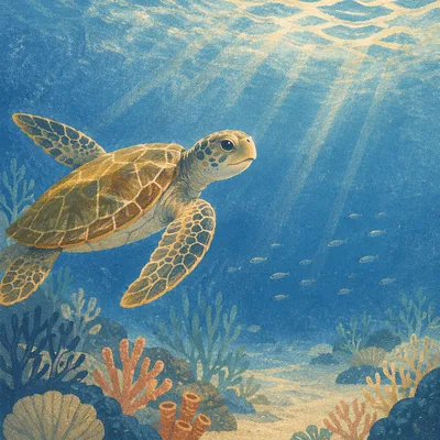 Sea Turtle Gliding Through Blue Ocean