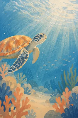 Sea Turtle Gliding Through Blue Ocean