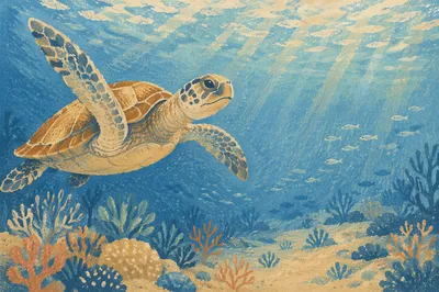 Sea Turtle Gliding Through Blue Ocean