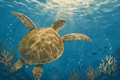 Sea Turtle Rising Through Blue Ocean