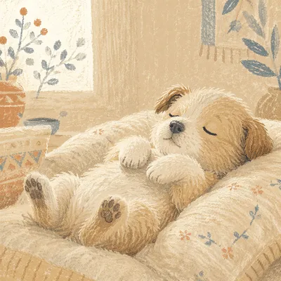 Sleeping Fluffy Puppy on Cozy Cushion