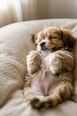 Sleeping Fluffy Puppy on Cozy Cushion