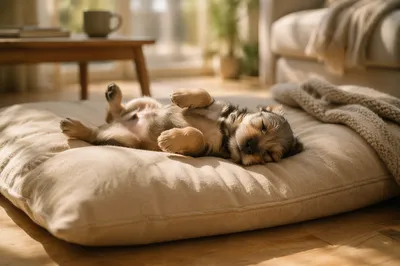 Adorable Sleeping Puppy on Linen Cushion
