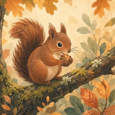 Curious Squirrel Nibbling Nut on Branch