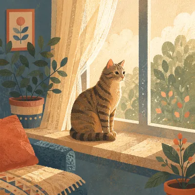 Peaceful Tabby Cat in Morning Sunlight