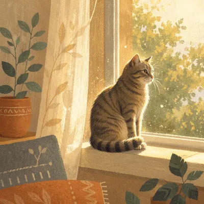 Sunlit Tabby Cat on Window Ledge