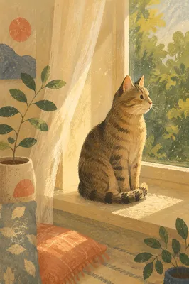 Sunlit Tabby Cat on Cozy Window Ledge