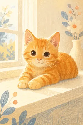Sunlit Orange Tabby Kitten on Window Ledge