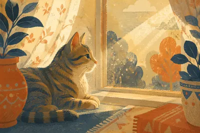Tabby Cat on Sunlit Window Ledge