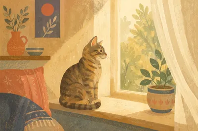 Peaceful Tabby Cat in Morning Sunlight