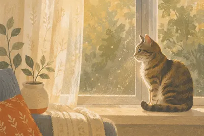 Sunlit Tabby Cat on Cozy Window Ledge