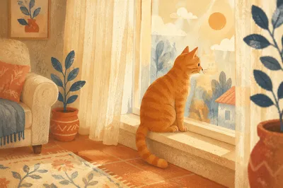 Sunlit Tabby Cat on Cozy Window Ledge