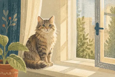 Serene Tabby Cat on Sunlit Window Ledge