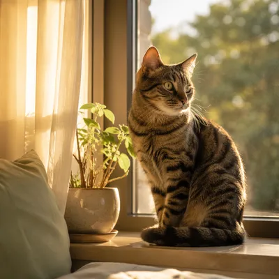 Sunlit Tabby Cat on Cozy Window Ledge
