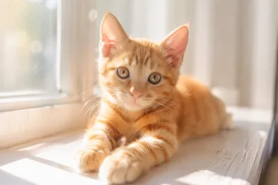 Orange Tabby Kitten on Sunny Window Ledge