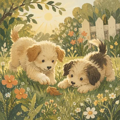 Playful Puppies in a Spring Garden