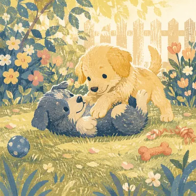 Playful Puppies in a Blooming Garden