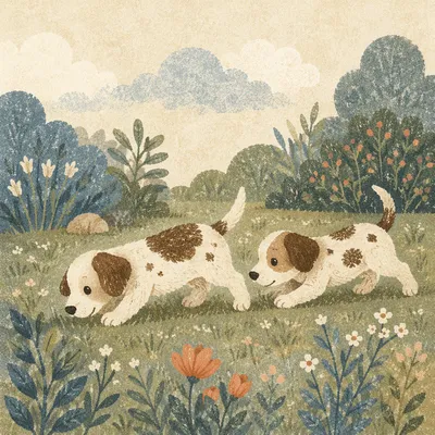 Two Playful Puppies in Garden Morning