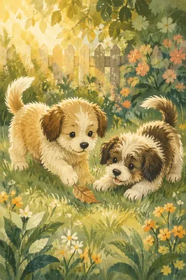 Cute Puppies Playing in Garden Morning Light