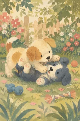 Playful Two Puppies in Spring Garden
