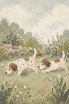 Two Playful Puppies in Garden Morning