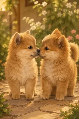 Cute Spitz Puppies Playing in Garden