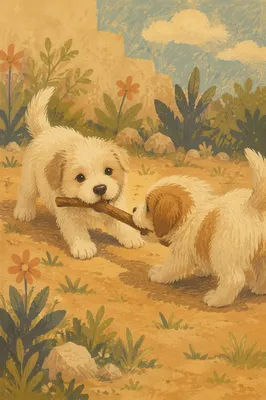 Playful Puppies Tugging Stick in Garden