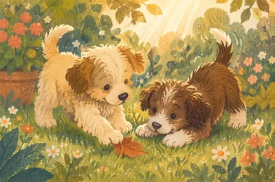 Playful Puppies in a Spring Garden