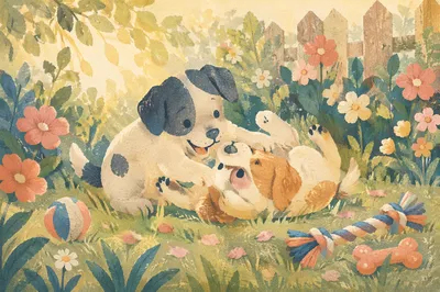 Playful Puppies in a Blooming Garden