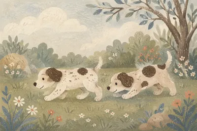 Two Playful Puppies in Quiet Garden