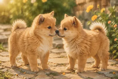 Cute Spitz Puppies Playing in Garden