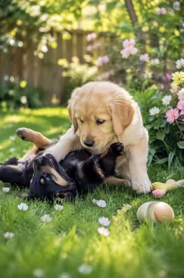 Playful Two Puppies in Spring Garden