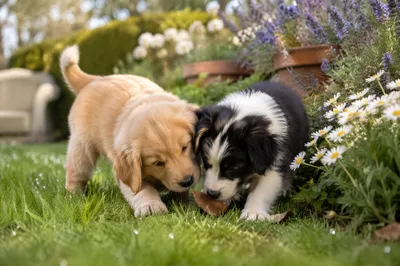 Playful Puppies on Dewy Garden Lawn