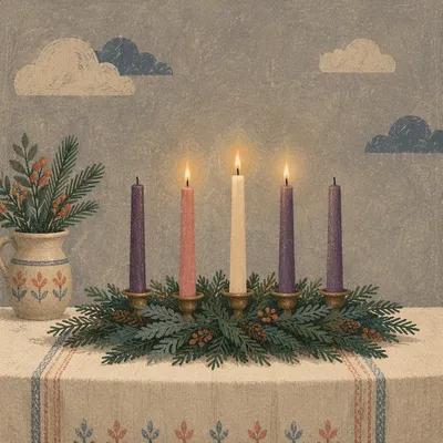 Warm Advent Candles in Evergreen Wreath