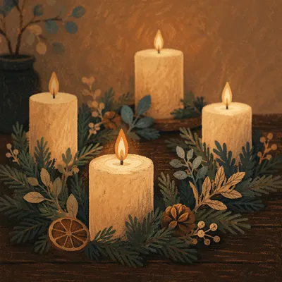 Warm Advent Candle Wreath on Rustic Table