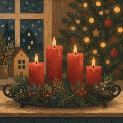 Warm Advent Candles in Evergreen Wreath