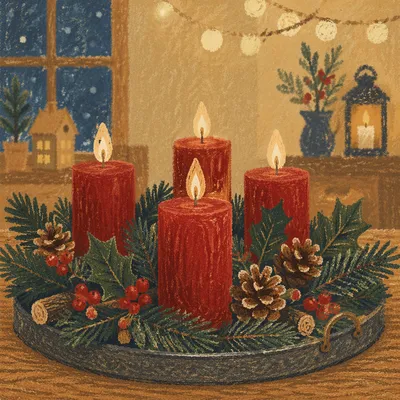 Warm Advent Candle Wreath with Evergreen