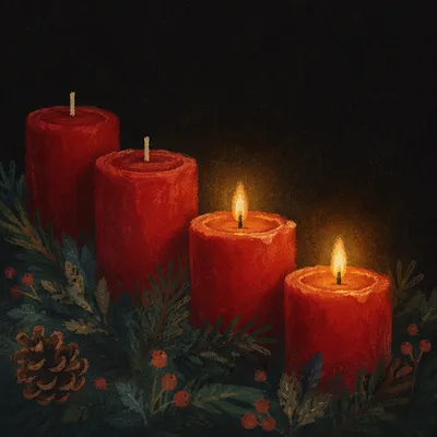Warm Advent Candles in Evergreen Wreath