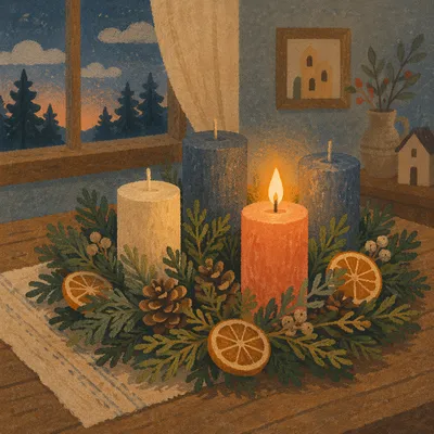 Warm Advent Wreath with Lit Candle
