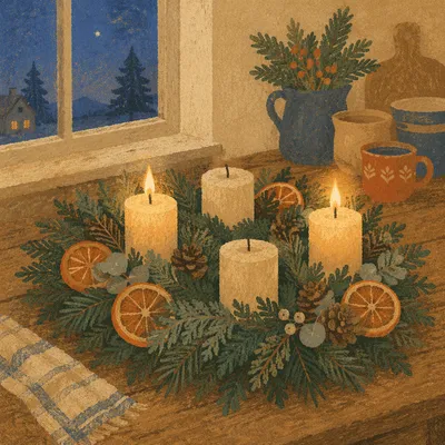 Warm Advent Wreath by Frosted Window