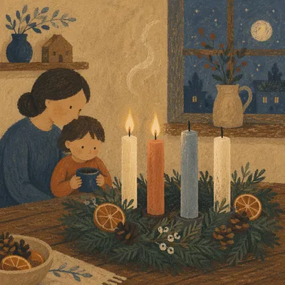 Warm Advent Candle Wreath at Winter Dusk