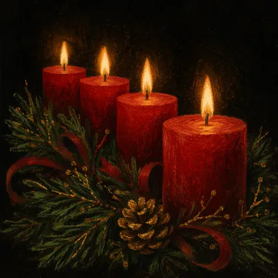 Warm Advent Candles in Evergreen Wreath