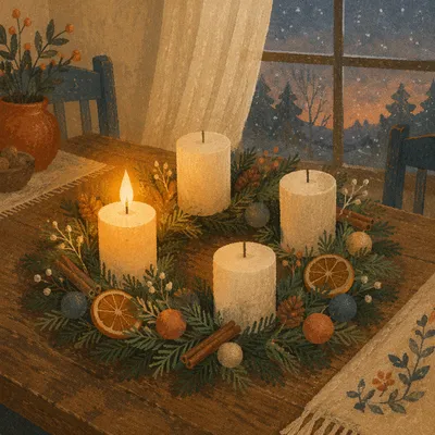 Warm Advent Wreath with Candlelight