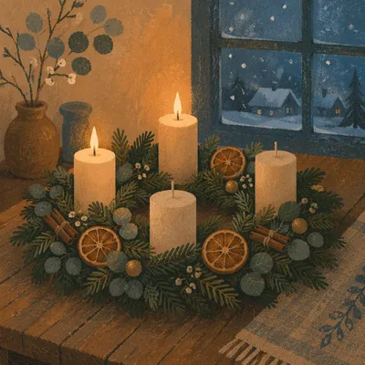 Warm Advent Wreath with Lit Candles