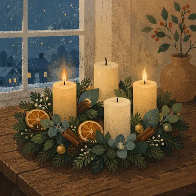 Warm Advent Candle Wreath at Winter Dusk