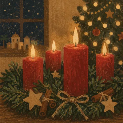 Warm Advent Candles on Evergreen Wreath