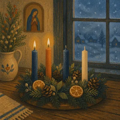Warm Advent Wreath Candles at Winter Dusk