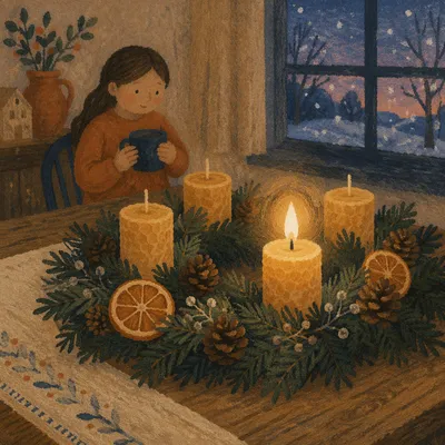 Warm Advent Wreath With Lit Candle